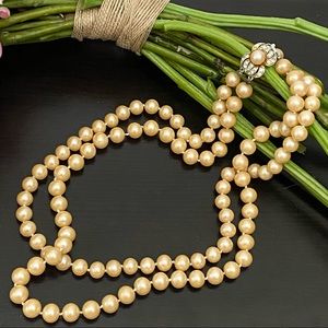 Vintage 7mm 2-Strand Yellowish Glass Pearl 21” Necklace w/ Rhinestones Box Clasp